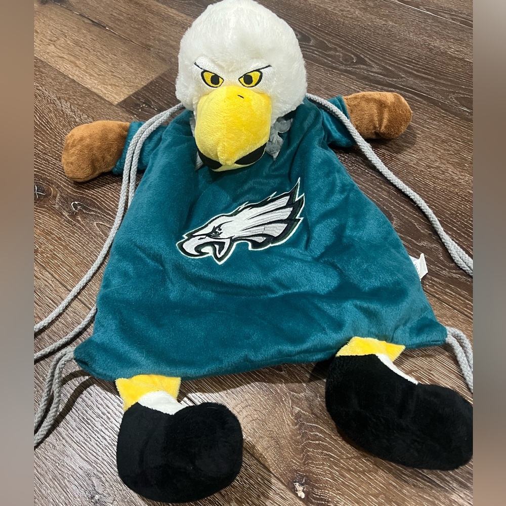 Philadelphia Eagle mascot drawstring backpack with Teal and Yellow Accents